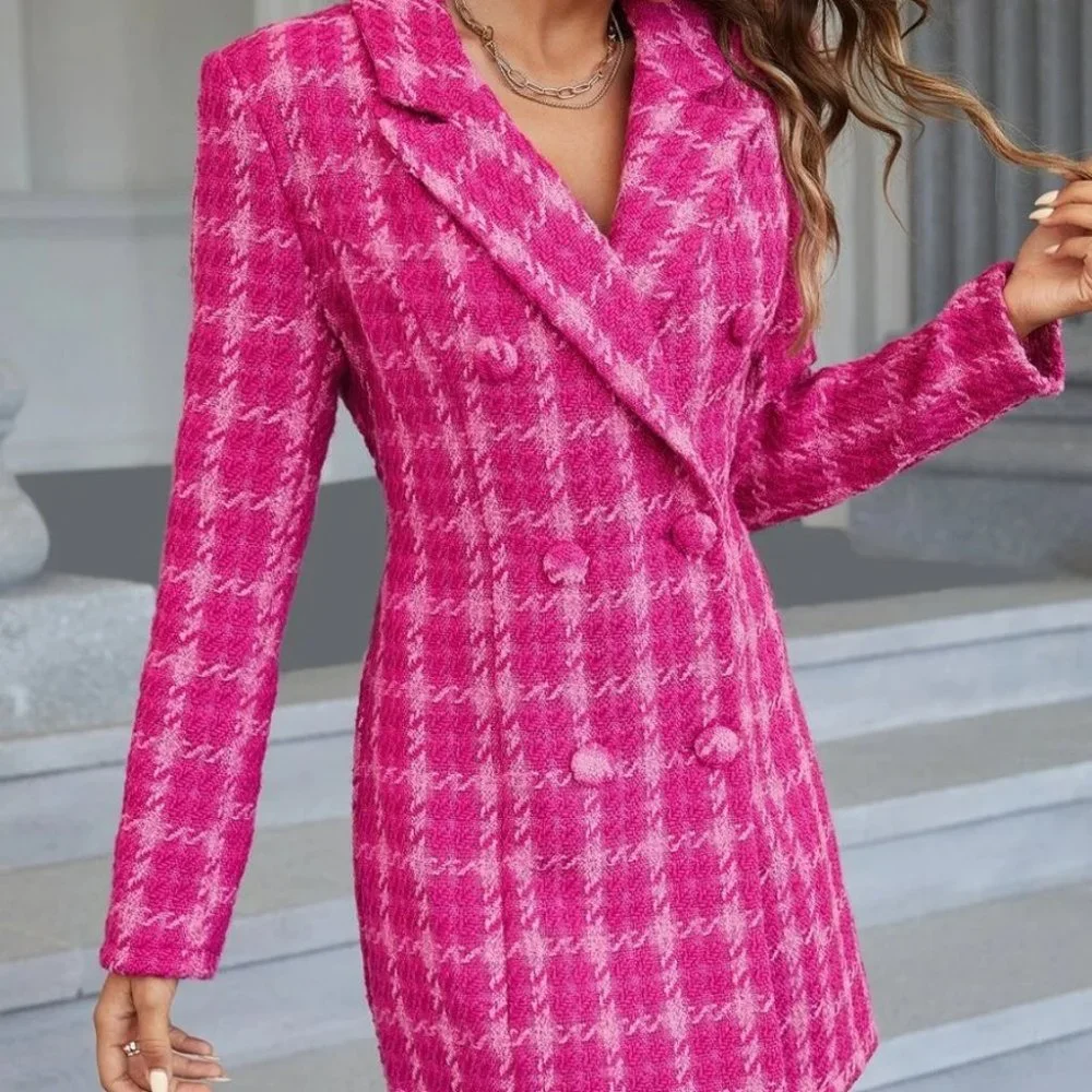 Plaid Double Breasted Pink Tweed Blazer Dress Mini Dress - Picture 3 of 9